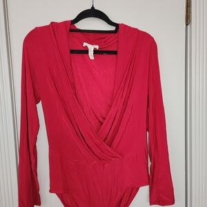 Body Central Fuchsia Draped Faux-Wrap Long Sleeve Bodysuit
